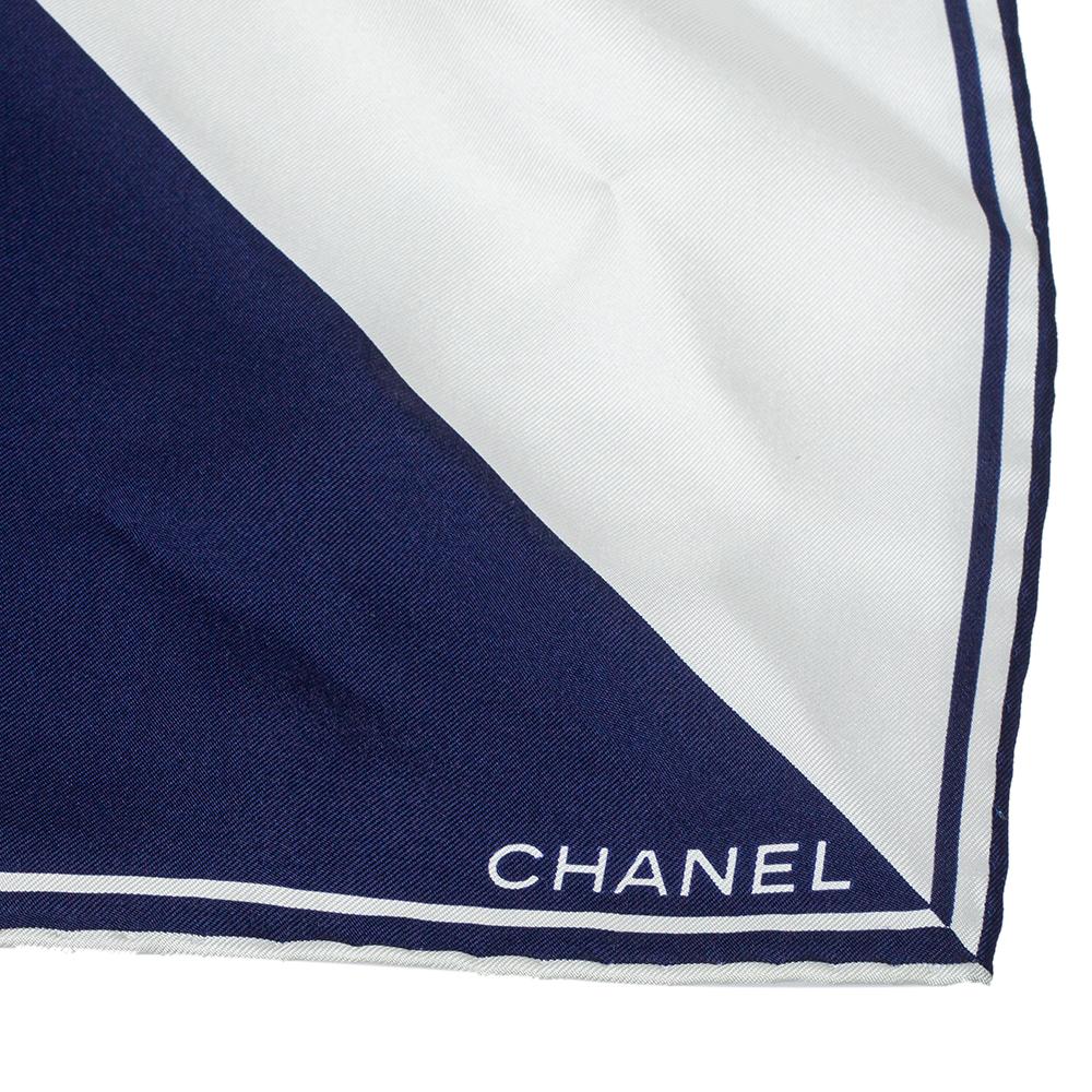 Gray Chanel Navy Blue & White Logo Silk Square Scarf