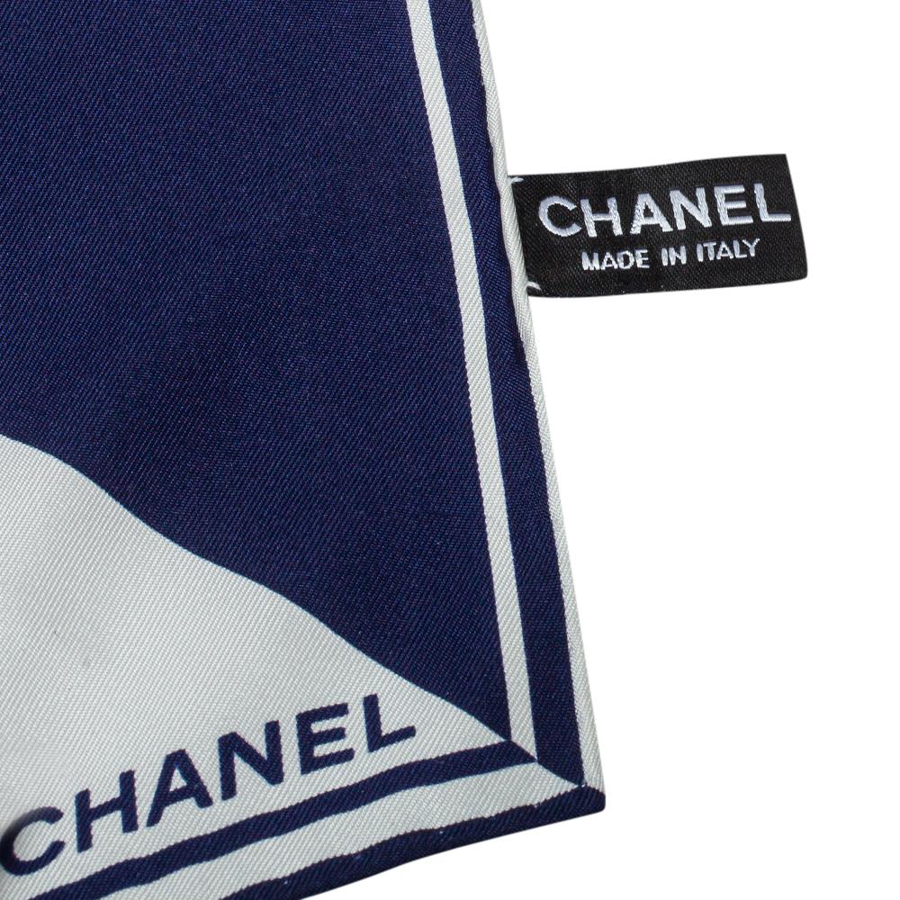 Chanel Navy Blue & White Logo Silk Square Scarf In Good Condition In Dubai, Al Qouz 2