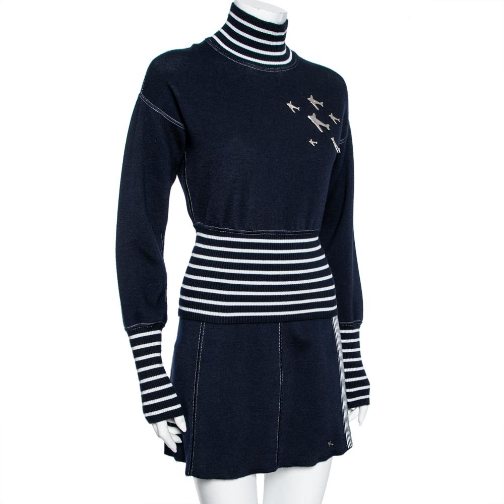 Black Chanel Navy Blue & White Striped Knit Plane Embellished Jumper & Skirt Set S