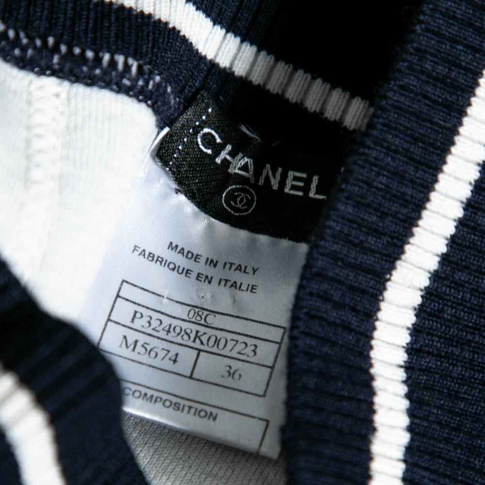 Chanel Navy Blue & White Striped Knit Plane Embellished Jumper & Skirt Set S In Good Condition In Dubai, Al Qouz 2
