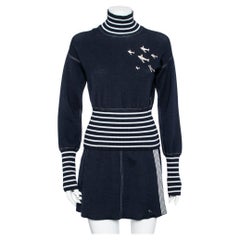Chanel Navy Blue & White Striped Knit Plane Embellished Jumper & Skirt Set S