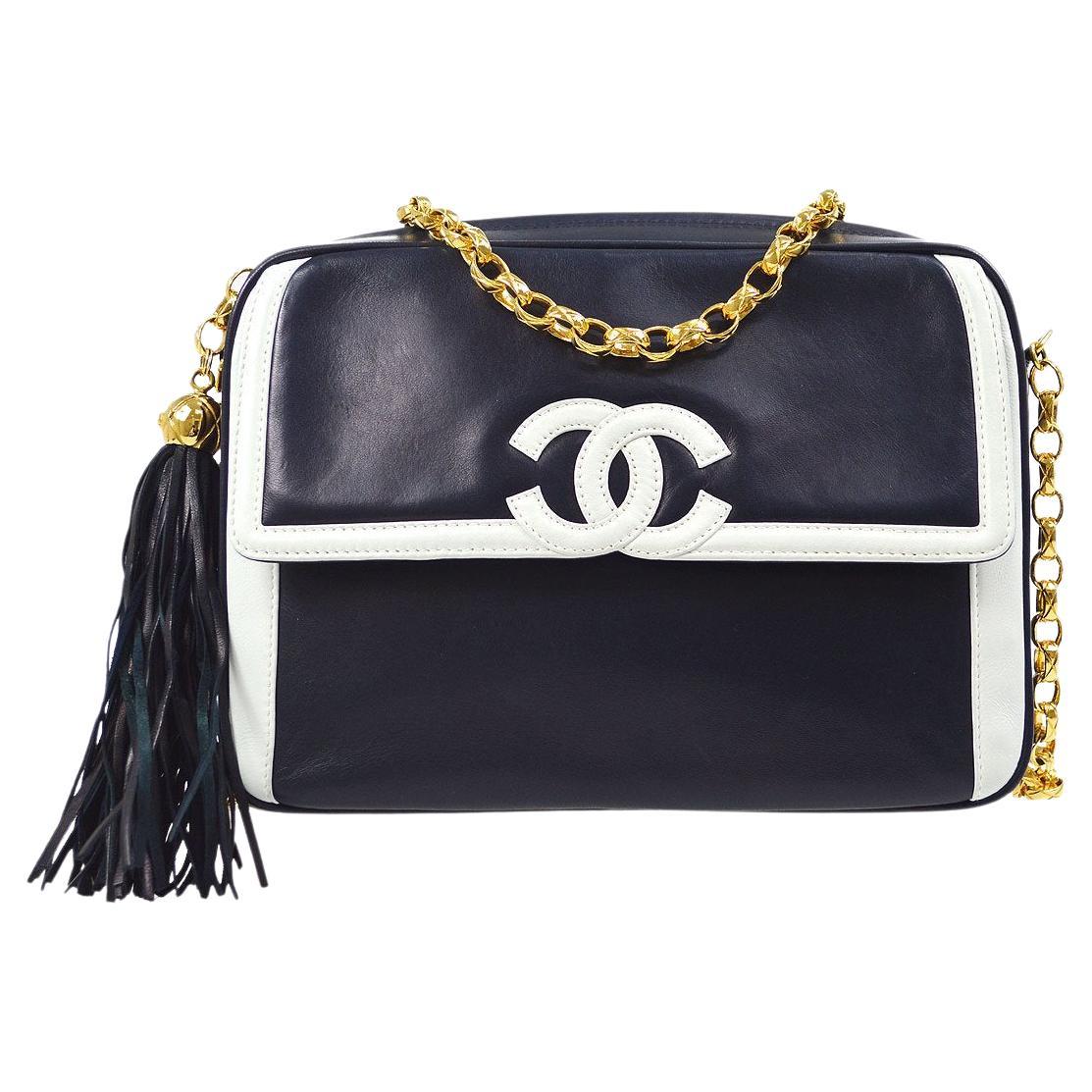 CHANEL Navy Blue White Trim Leather Gold Small Evening Camera Shoulder Bag