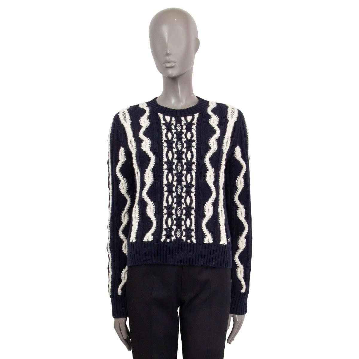 Women's CHANEL navy blue & white wool blend 2018 18A HAMBURG CHUNKY KNIT Sweater 38 S