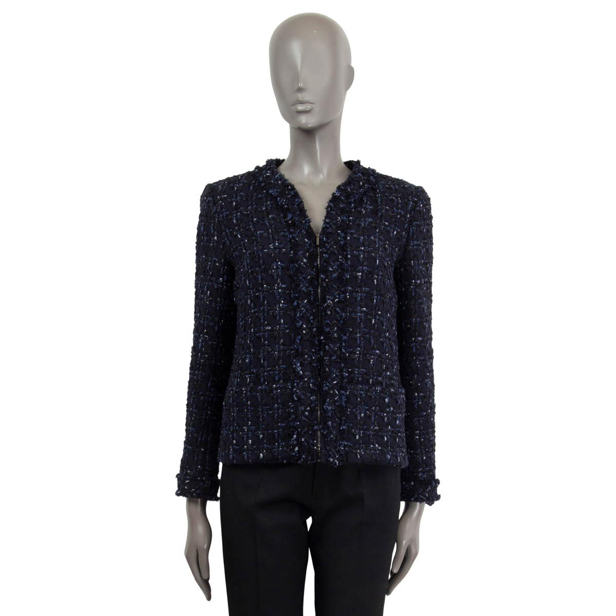 CHANEL navy blue wool 2016 16B ZIP FRONT TWEED Jacket 38 S For Sale