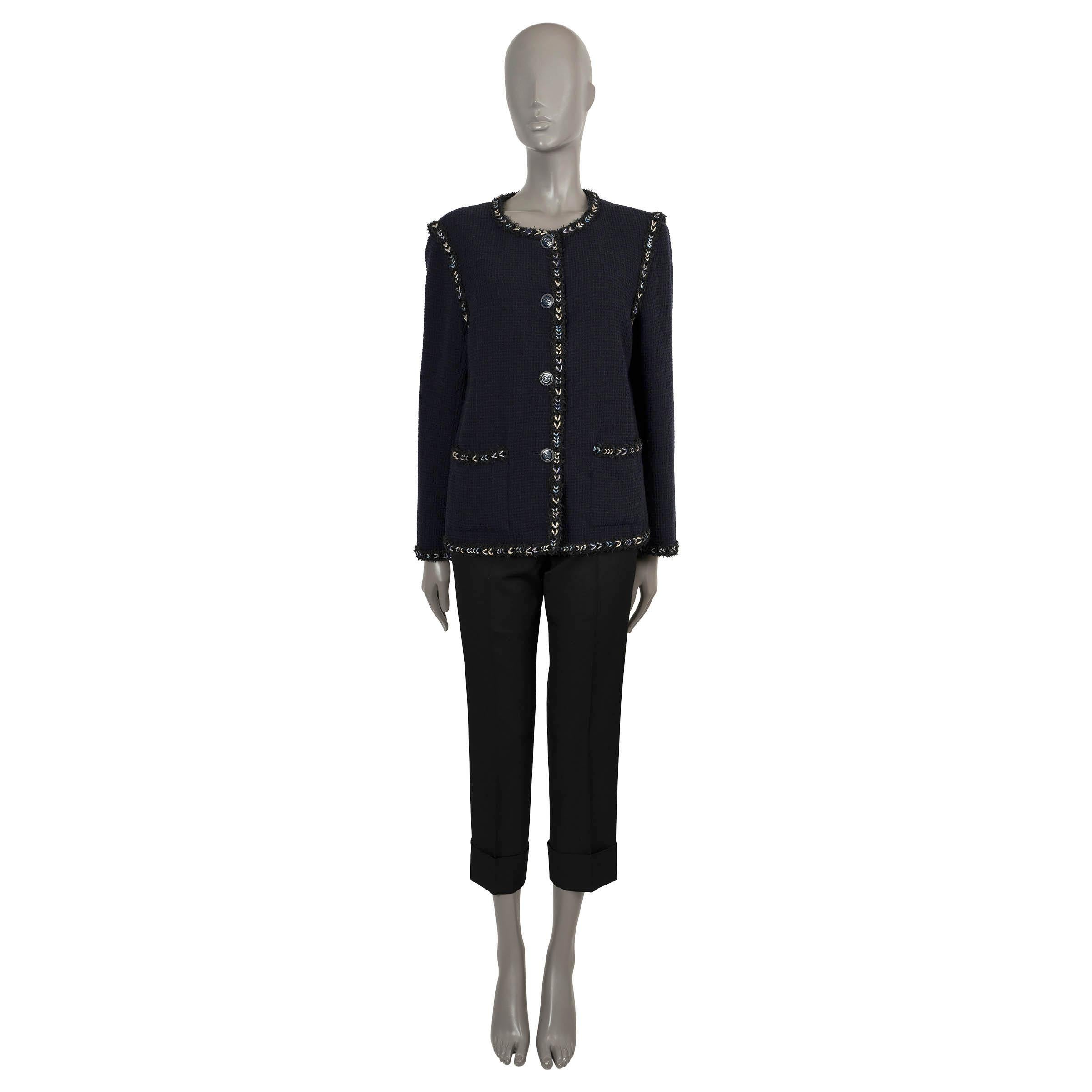 Women's CHANEL navy blue wool 2016 16P COLLARLESS TWEED Jacket 46 XL