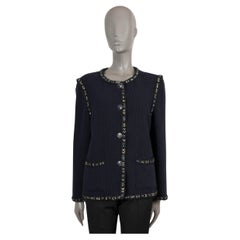 CHANEL navy blue wool 2016 16P COLLARLESS TWEED Jacket 46 XL