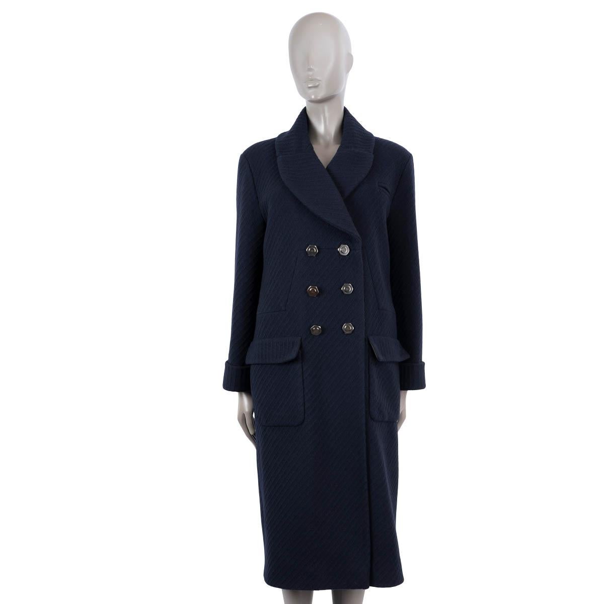Black CHANEL navy blue wool 2018 18A HAMBURG DOUBLE BREASTED Coat Jacket 42 L For Sale