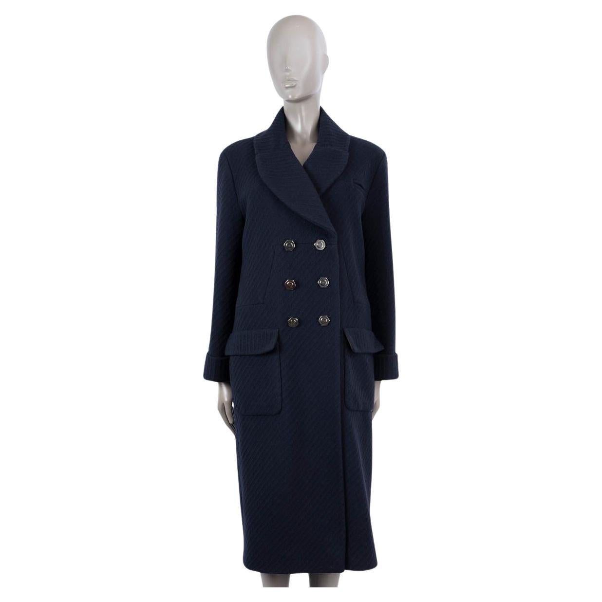 CHANEL navy blue wool 2018 18A HAMBURG DOUBLE BREASTED Coat Jacket 42 L For Sale