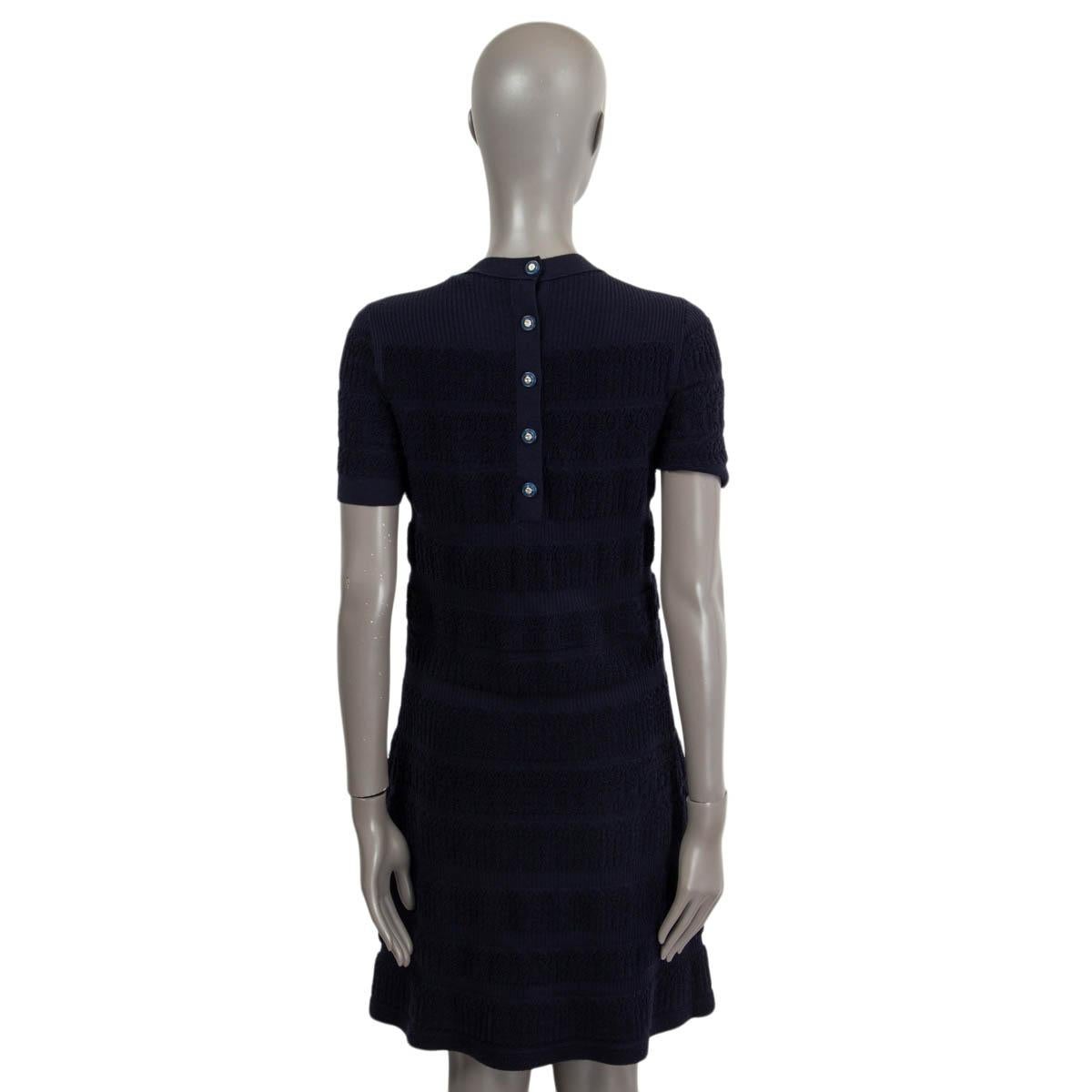 CHANEL navy blue wool 2019 19B SHORT SLEEVE TEXTURED KNIT Dress 38 S For Sale 1