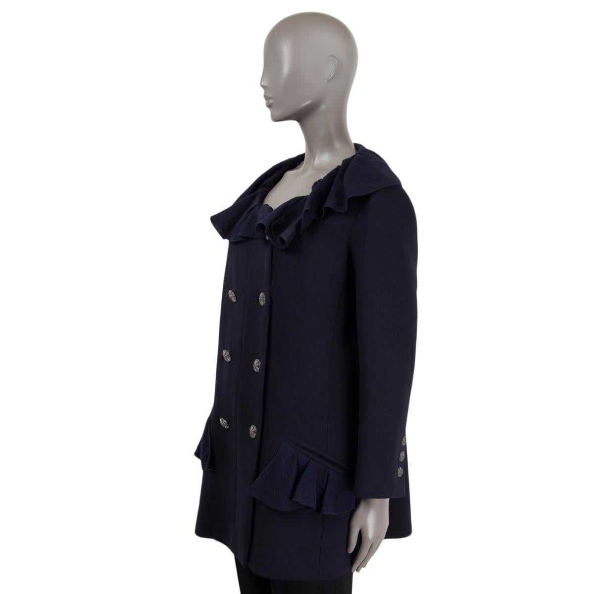 Women's CHANEL navy blue wool 2020 20S RUFFLED DOUBLE BREASTED Jacket 44 XL For Sale