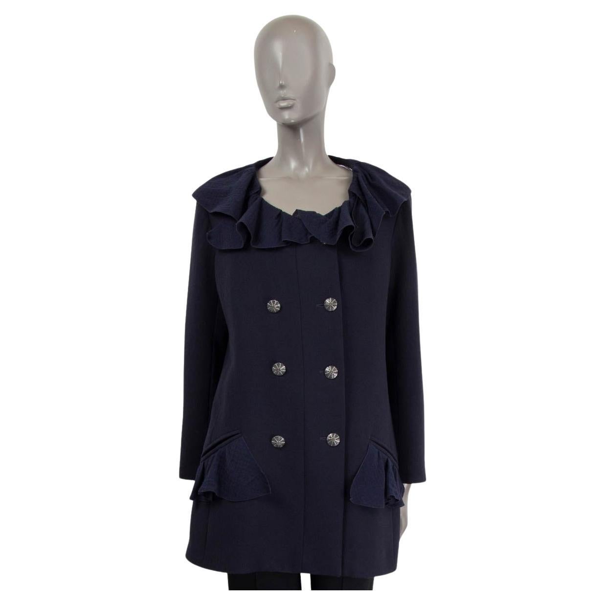 CHANEL navy blue wool 2020 20S RUFFLED DOUBLE BREASTED Jacket 44 XL For Sale