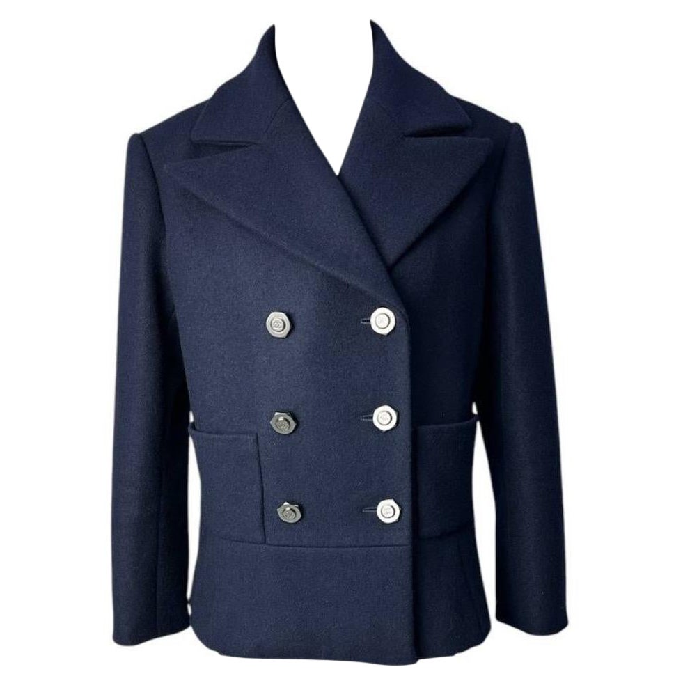 Chanel Navy Blue Wool Double-Breasted Peacoat  Sz.38 For Sale