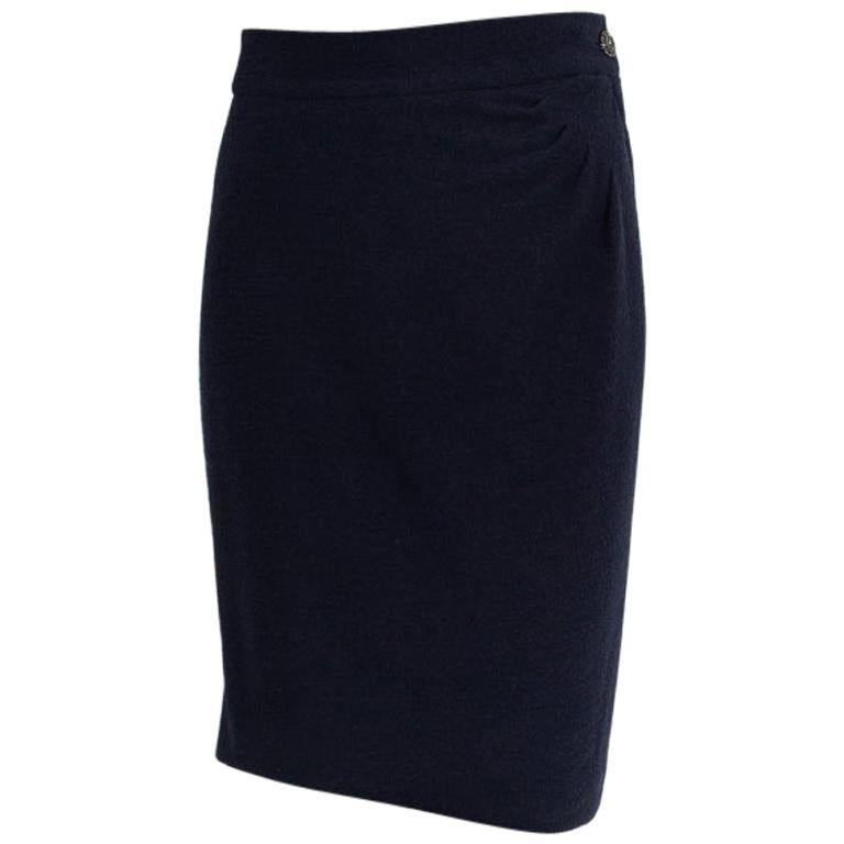 CHANEL navy blue wool SIDE PLEAT Skirt 38 S For Sale