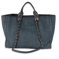 Chanel Navy Blue Woven Straw Raffia Medium Deauville Tote