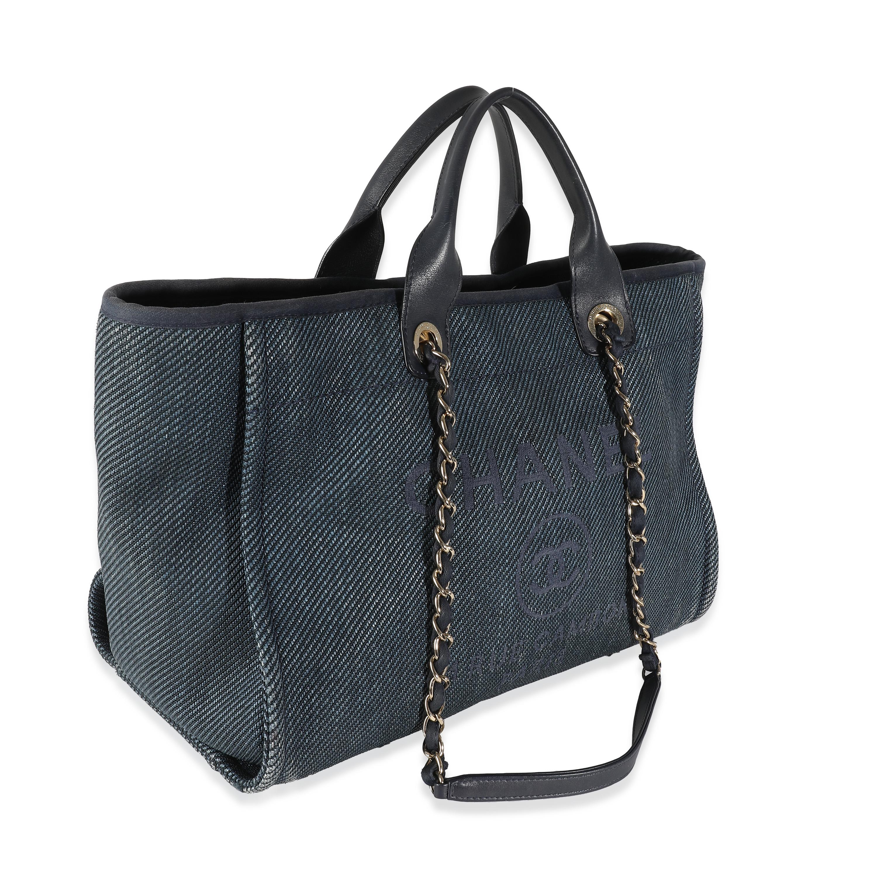 Black Chanel Navy Blue Woven Straw Raffia Medium Deauville Tote For Sale
