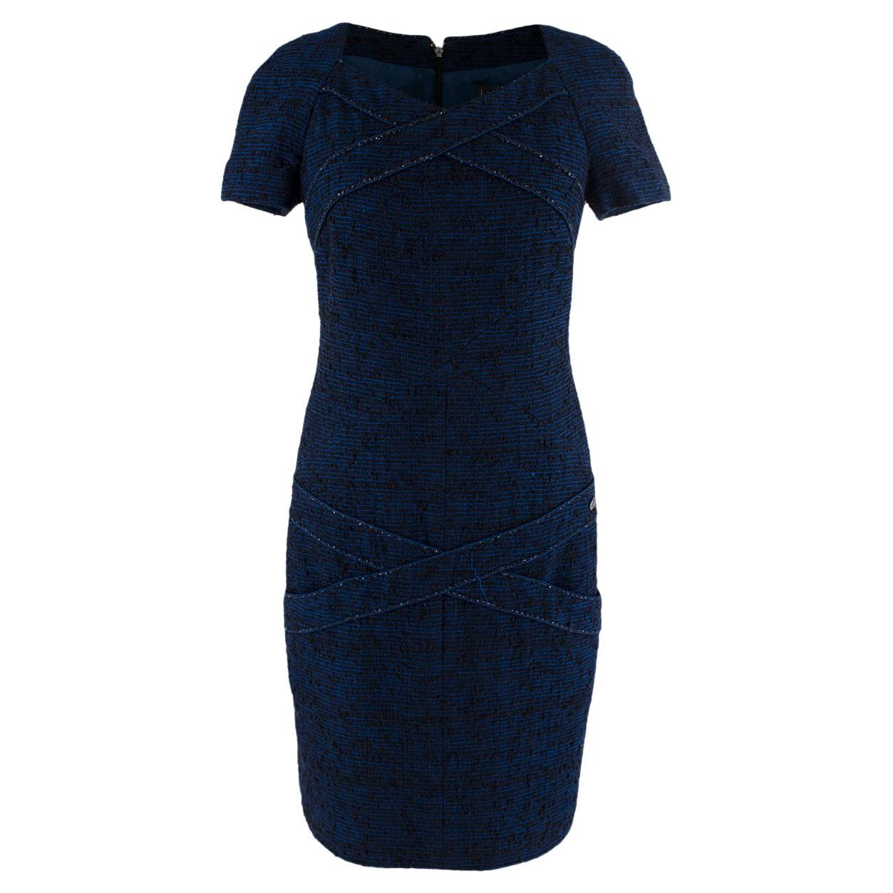 Chanel Navy Boucle Woven Alpaca Blend Pencil Dress, FR 38, Small For Sale