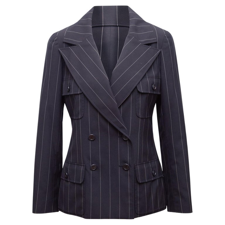 Chanel Navy Boutique Pinstriped 2007 Double-Breasted Blazer For Sale at ...