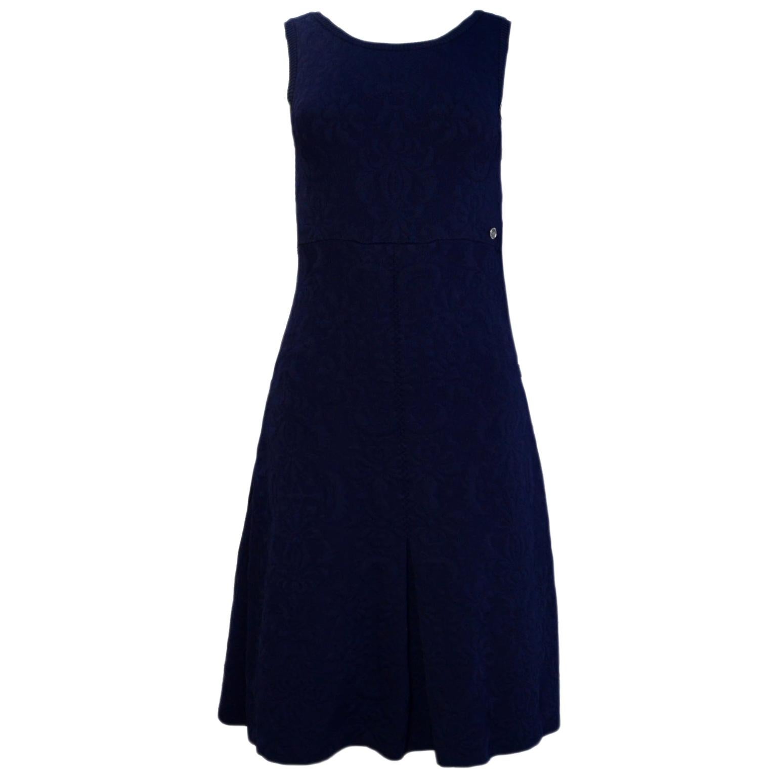 Chanel Navy Brocade Textured Sleeveless Skater Dress sz 36