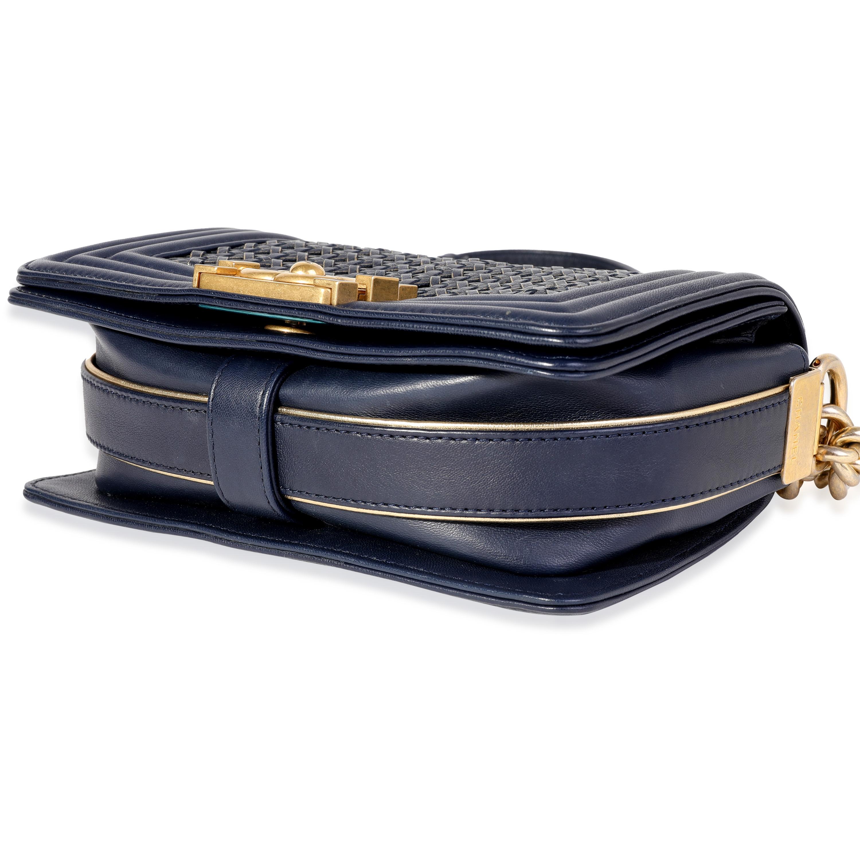 Black Chanel Navy Calfskin & Gold Metallic Woven Small Boy Bag