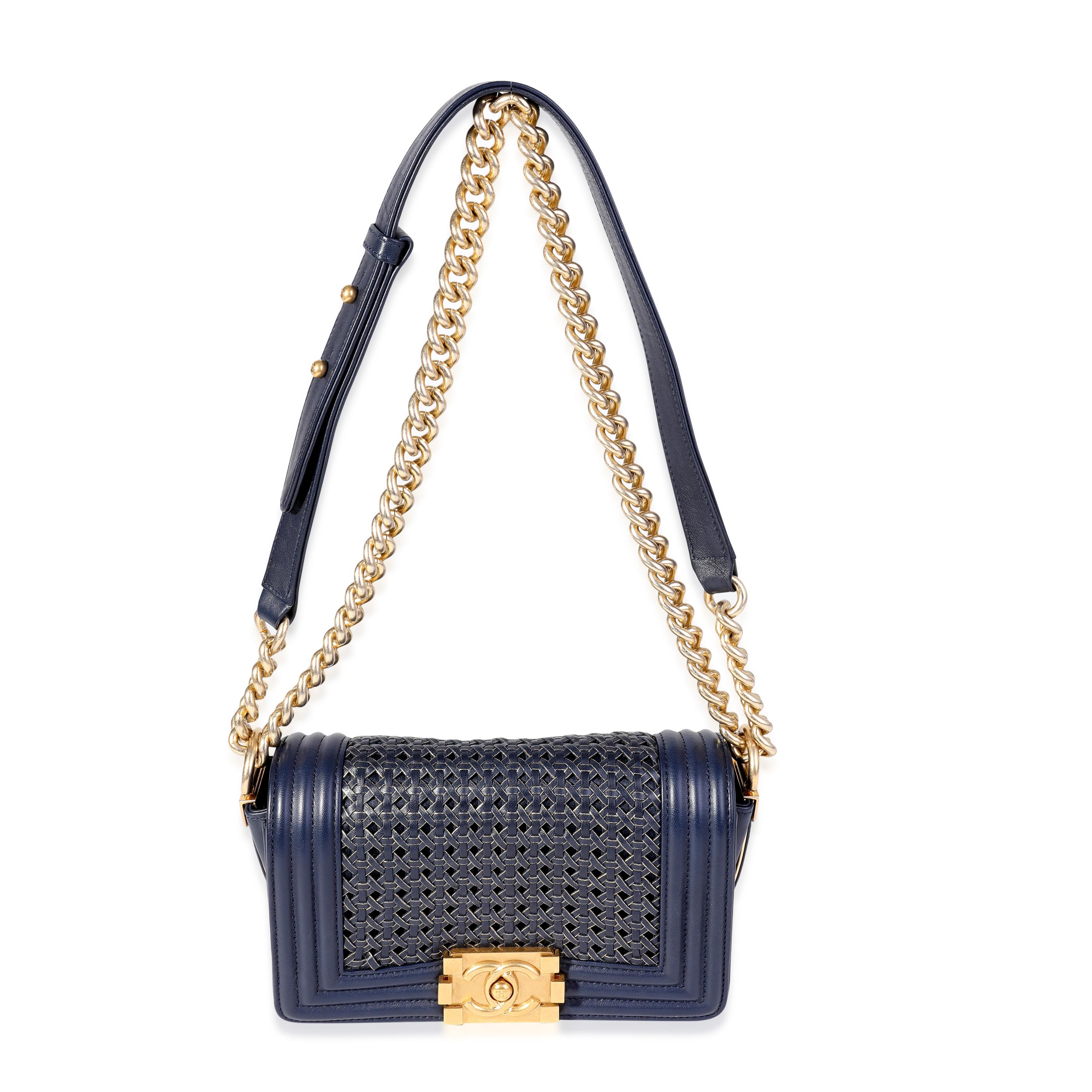 Chanel Navy Calfskin & Gold Metallic Woven Small Boy Bag In Excellent Condition In New York, NY