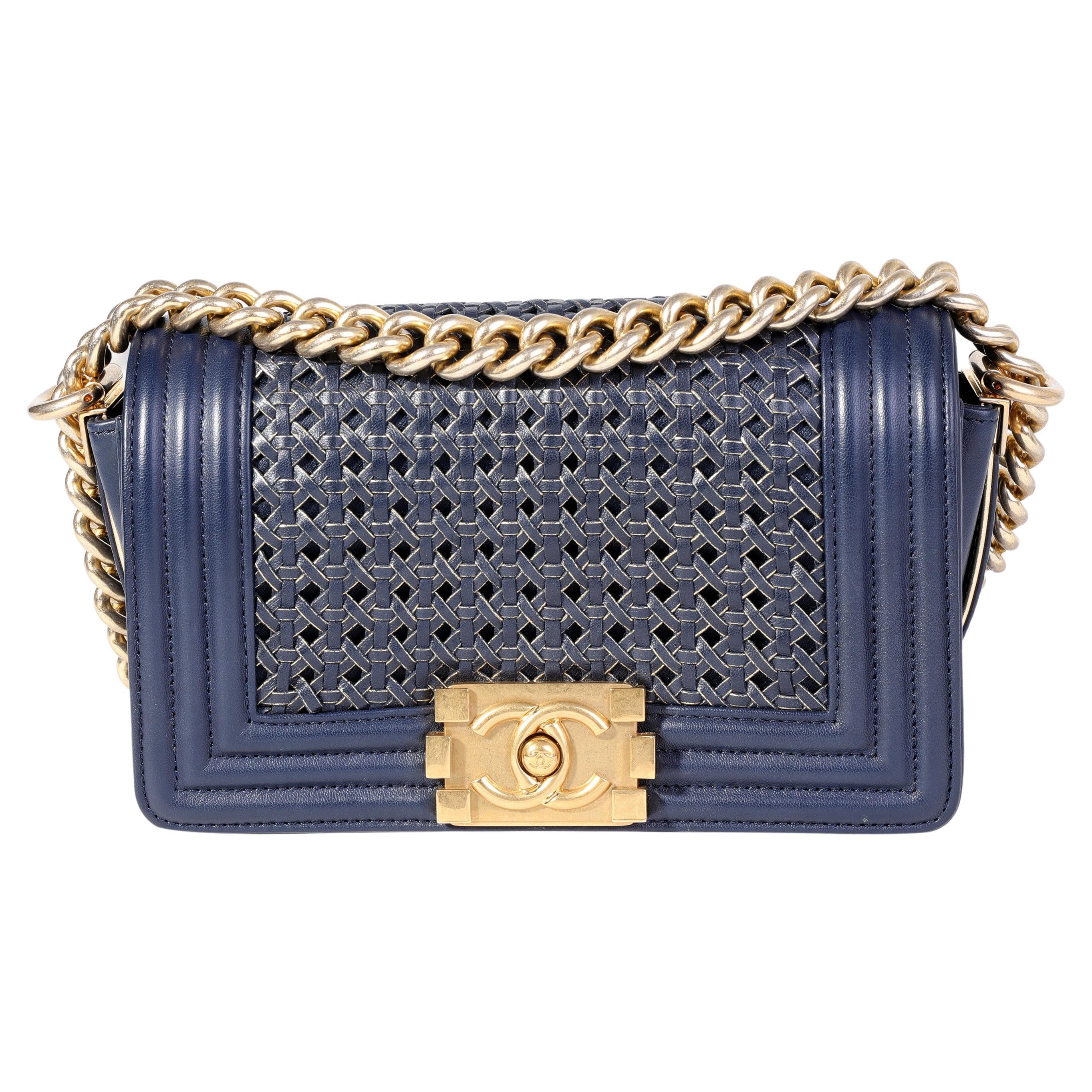 Chanel Navy Calfskin & Gold Metallic Woven Small Boy Bag