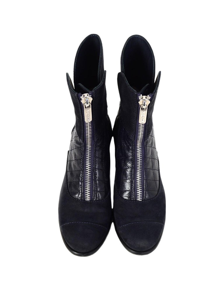 Chanel Navy Calfskin Quilted Zip Front Boots sz 37 at 1stDibs