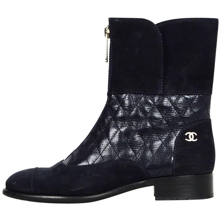 Chanel Navy Calfskin Quilted Zip Front Boots sz 37