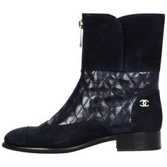Chanel Navy Calfskin Quilted Zip Front Boots sz 37
