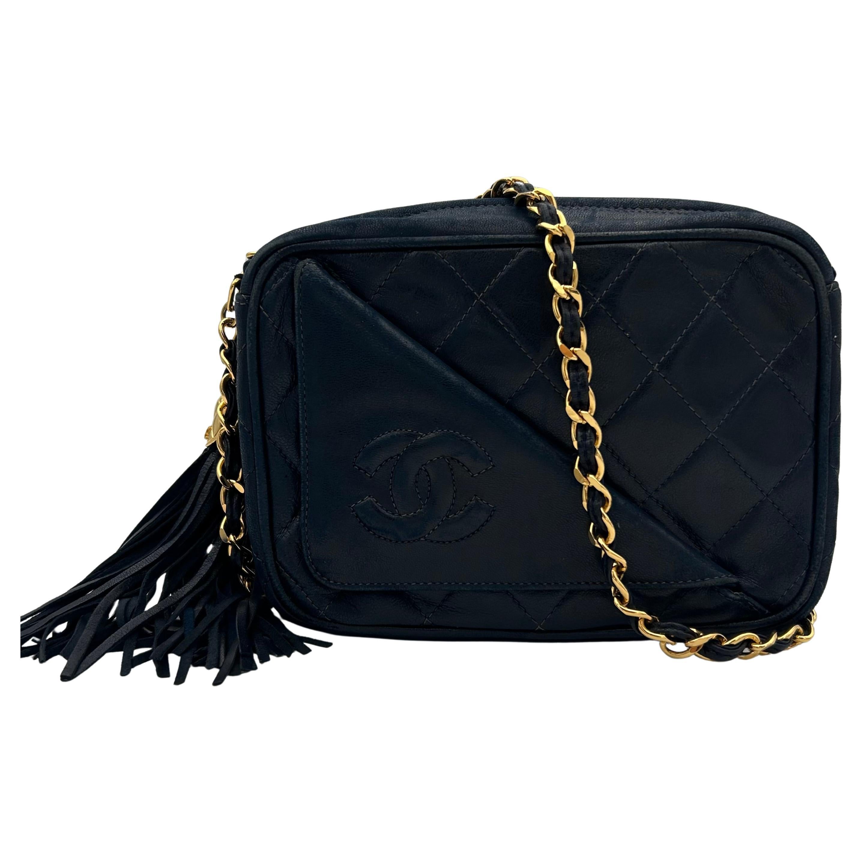 Chanel Navy Camera Front Pocket CC Tassel Bag 1990 in vendita