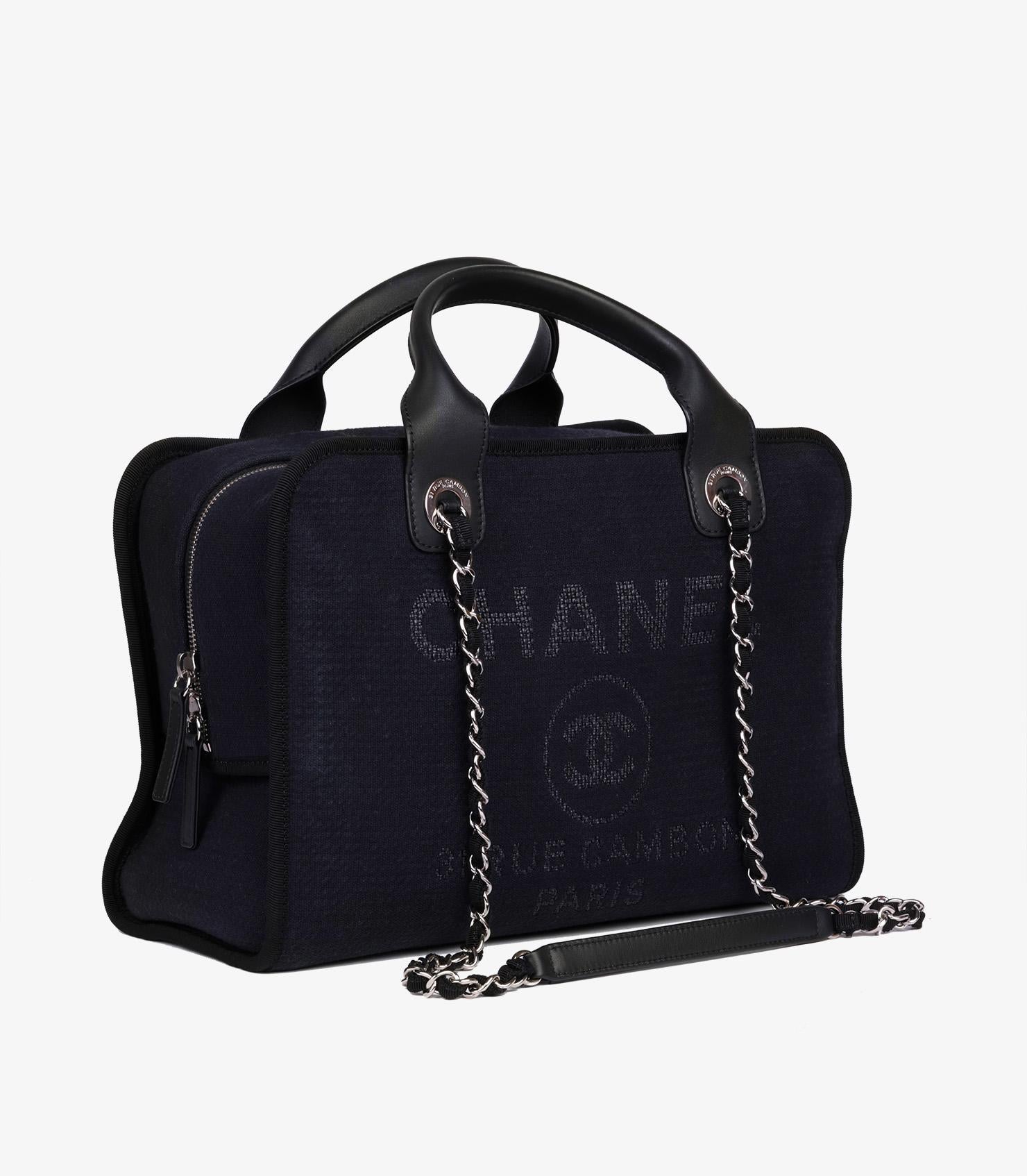 Chanel Navy Canvas & Black Calfskin Leather Deauville Bowling Bag In Excellent Condition For Sale In Bishop's Stortford, Hertfordshire