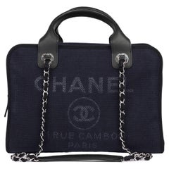 Chanel Navy Canvas & Black Calfskin Leather Deauville Bowling Bag