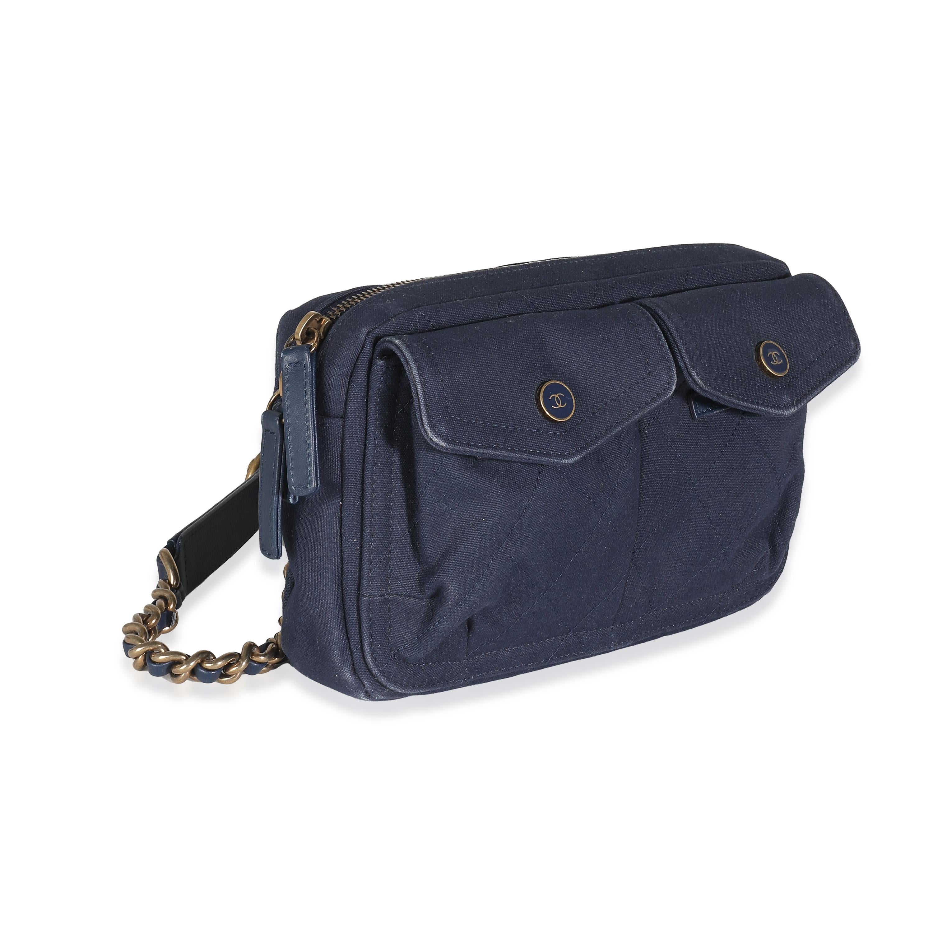 Black Chanel Navy Canvas Double Pocket Waist Bag