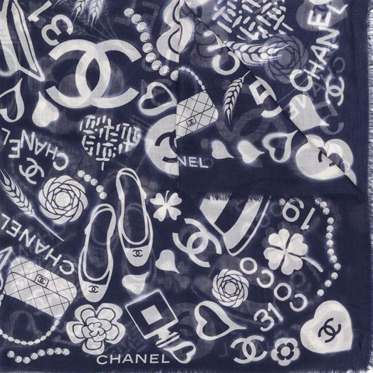Black Chanel Navy Cashmere Motif Print Scarf