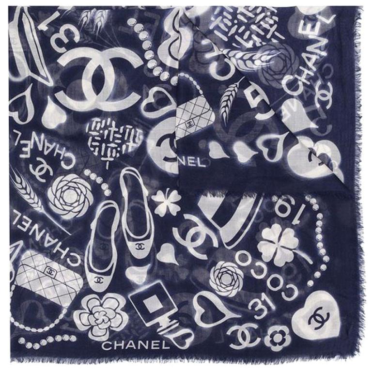Chanel Navy Cashmere Motif Print Scarf