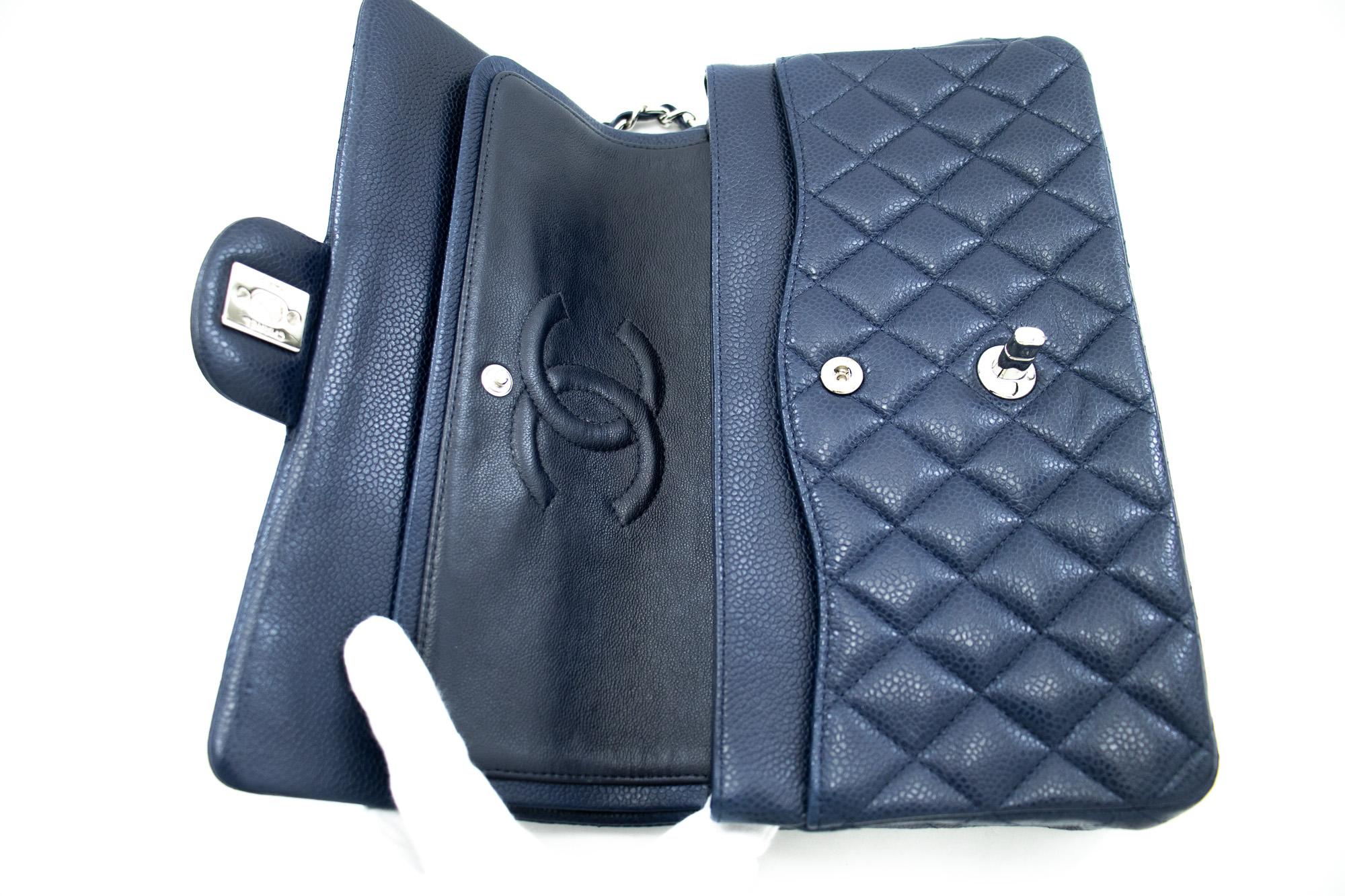 CHANEL Navy Caviar Double Chain Flap Shoulder Bag Quilted Leather 5