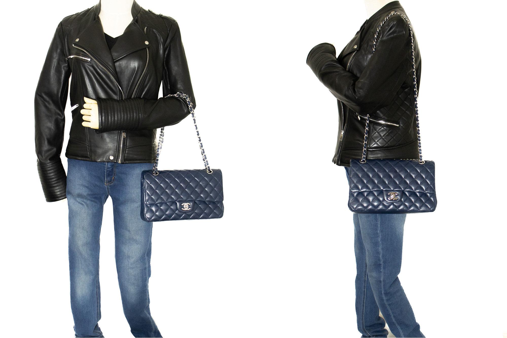CHANEL Navy Caviar Double Chain Flap Shoulder Bag Quilted Leather 6