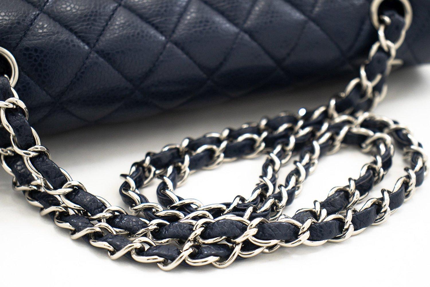 CHANEL Navy Caviar Double Chain Flap Shoulder Bag Quilted Leather 8