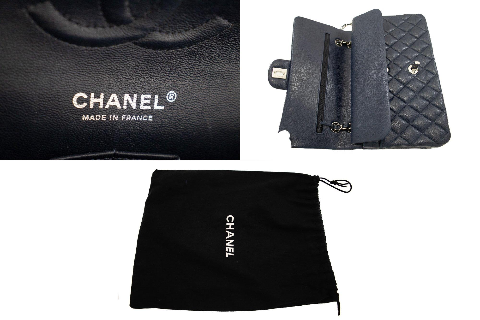 CHANEL Navy Caviar Double Chain Flap Shoulder Bag Quilted Leather 3