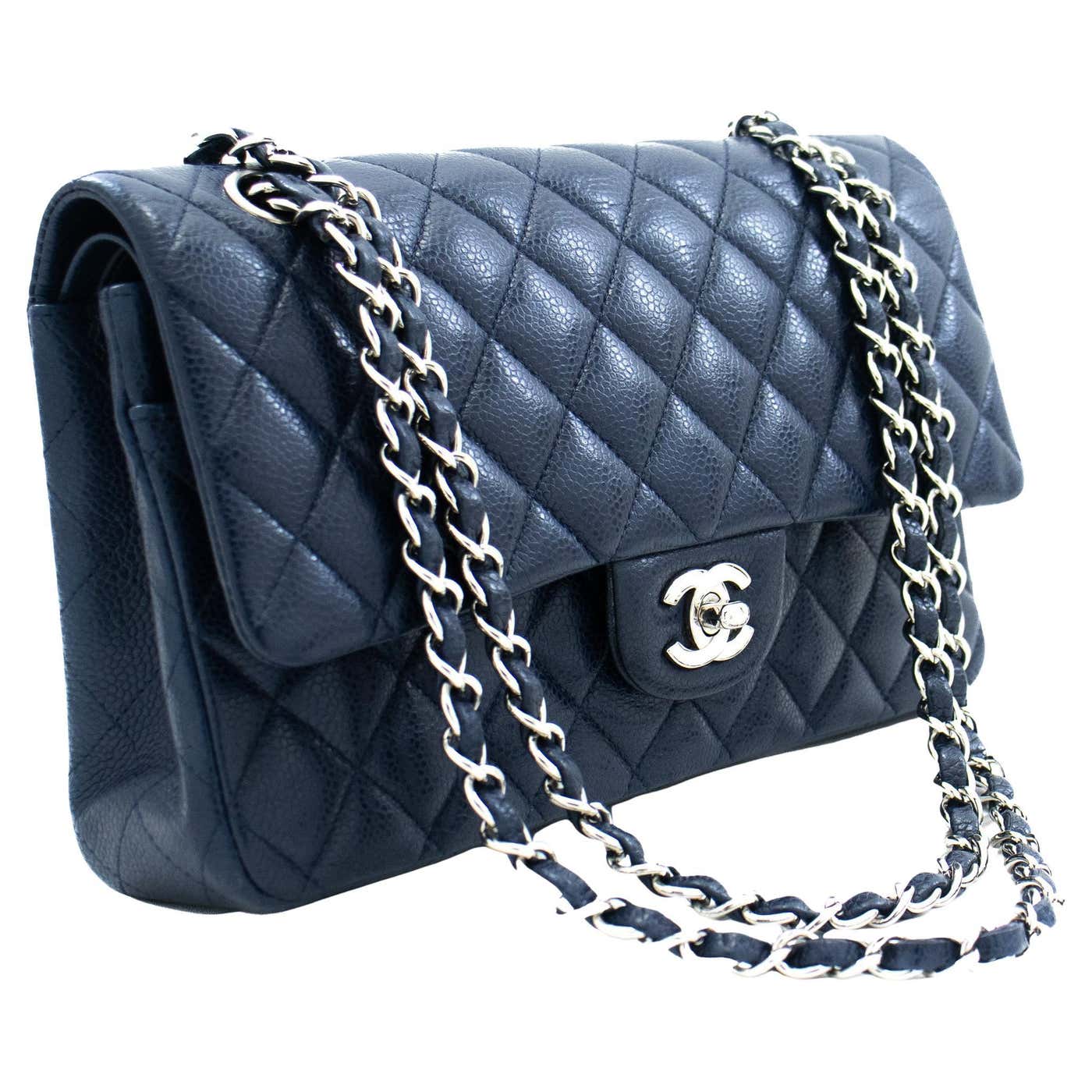CHANEL Navy Caviar Double Chain Flap Shoulder Bag Quilted Leather At chanel-navy-caviar-double-chain-flap-shoulder-bag-quilted-leather-at