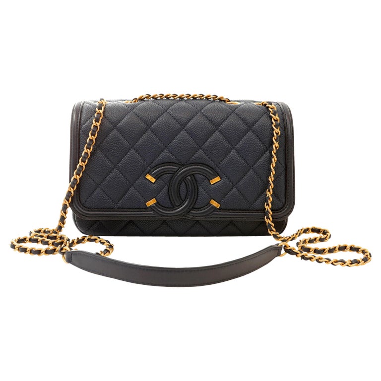 Chanel Navy Quilted Caviar and Black Lambskin Medium CC Filigree Flap Bag Gold Hardware, 2017 (Very Good)
