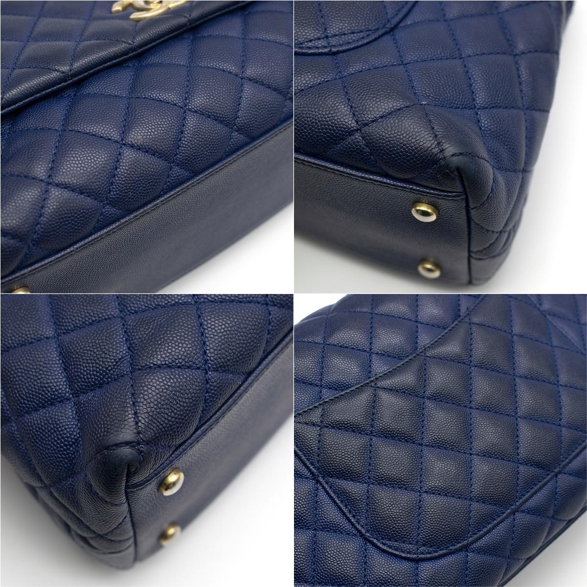 Chanel Navy Caviar Leather Lizard Embossed Top Handle Flap Bag	 In Excellent Condition In London, GB