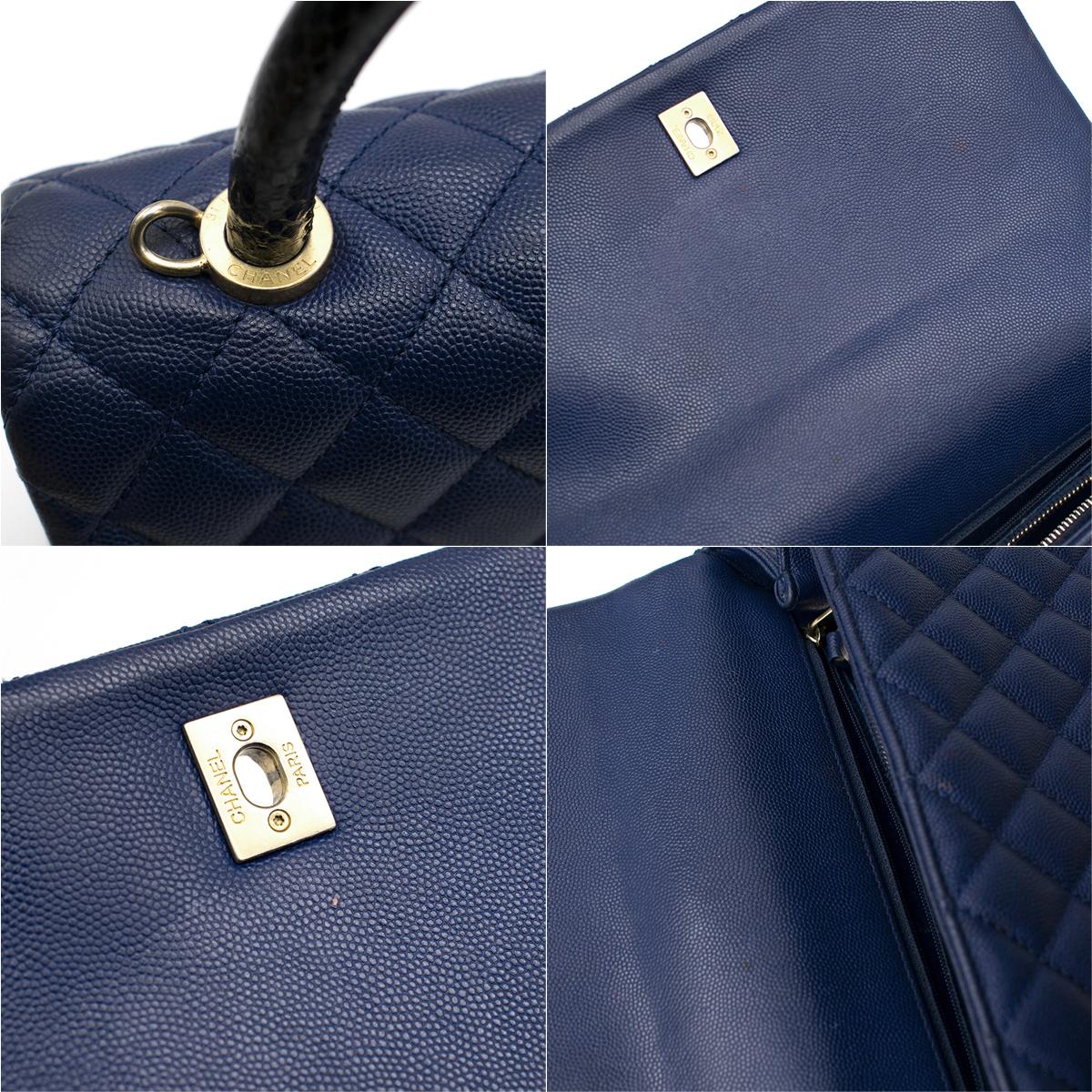 Chanel Navy Caviar Leather Lizard Embossed Top Handle Flap Bag	 1