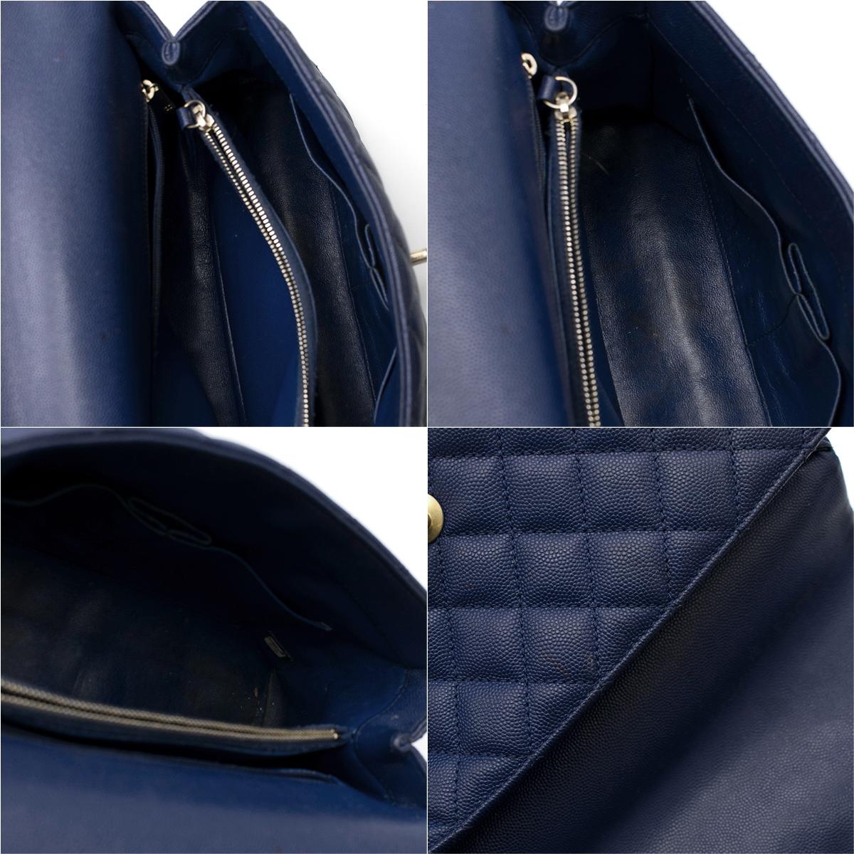 Chanel Navy Caviar Leather Lizard Embossed Top Handle Flap Bag	 3