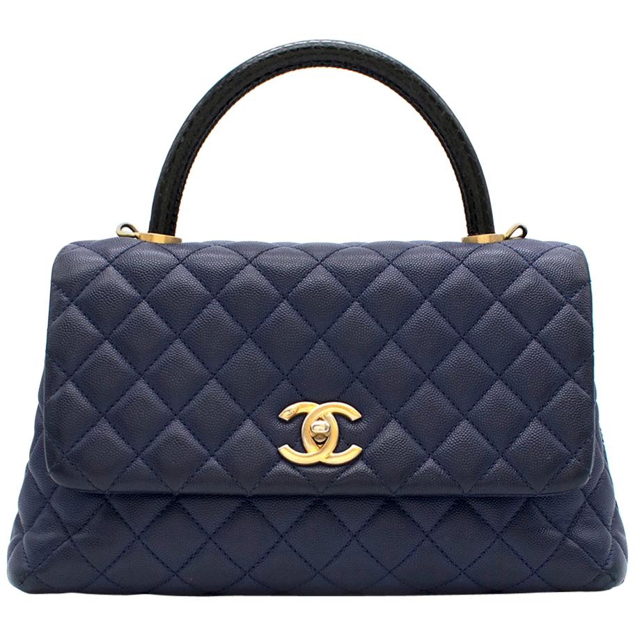Chanel Navy Caviar Leather Lizard Embossed Top Handle Flap Bag at 1stDibs