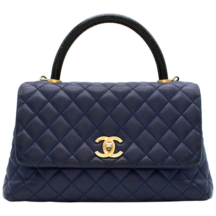 Chanel Navy Caviar Leather Lizard Embossed Top Handle Flap Bag	