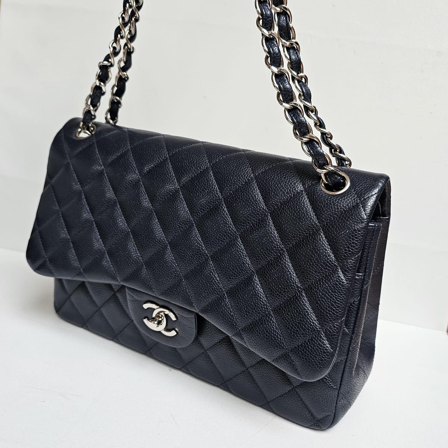 Chanel Navy Caviar Leather Quilted Jumbo Double Flap Bag For Sale 5