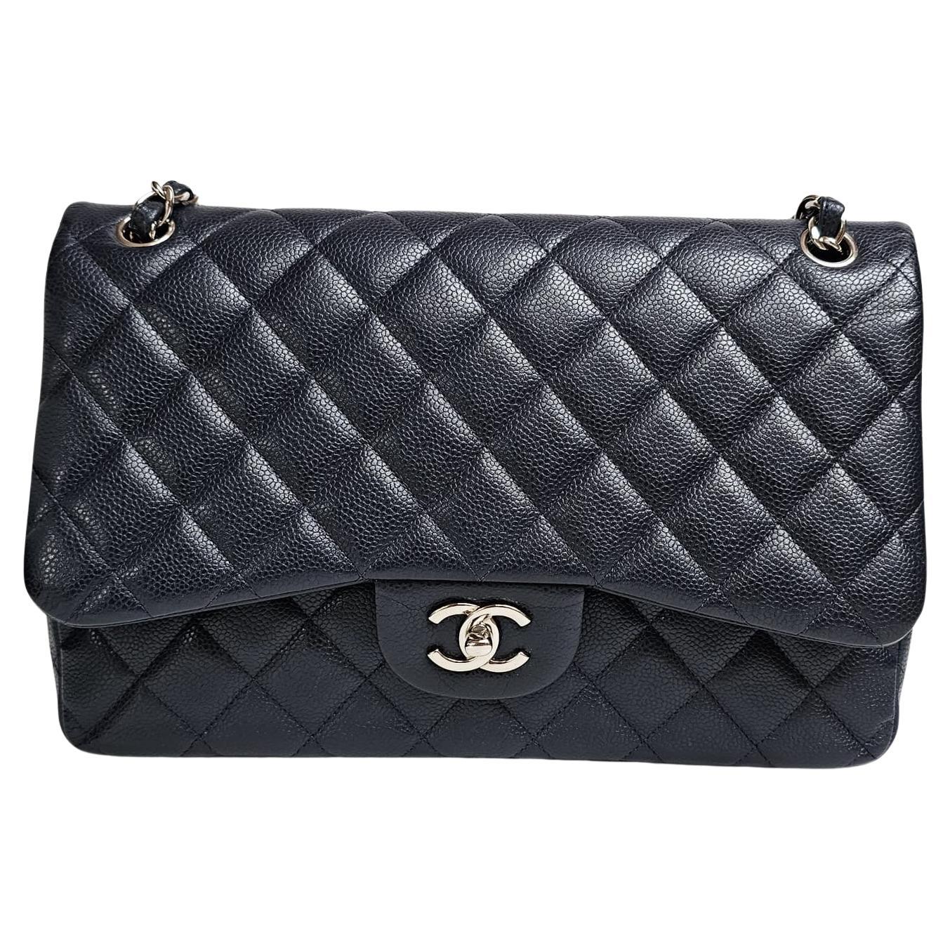 Chanel Navy Caviar Leather Quilted Jumbo Double Flap Bag For Sale