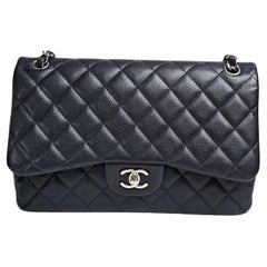 Used Chanel Navy Caviar Leather Quilted Jumbo Double Flap Bag