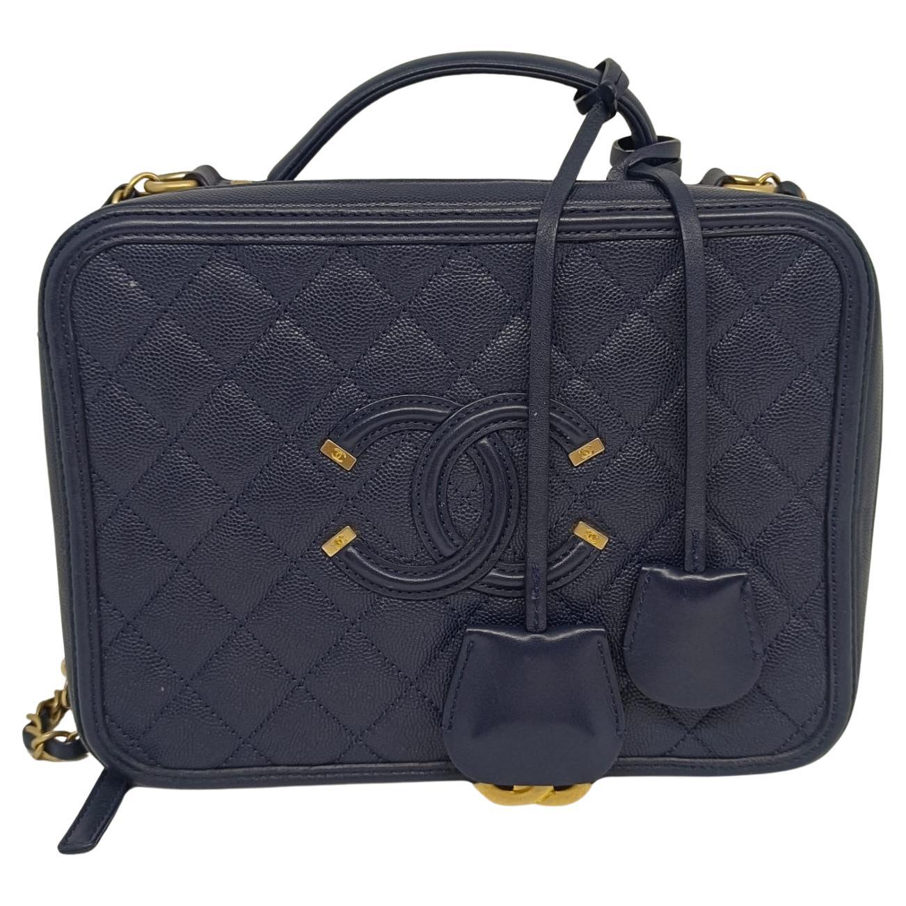 Chanel Navy Caviar Quilted Large Vanity Bag For Sale