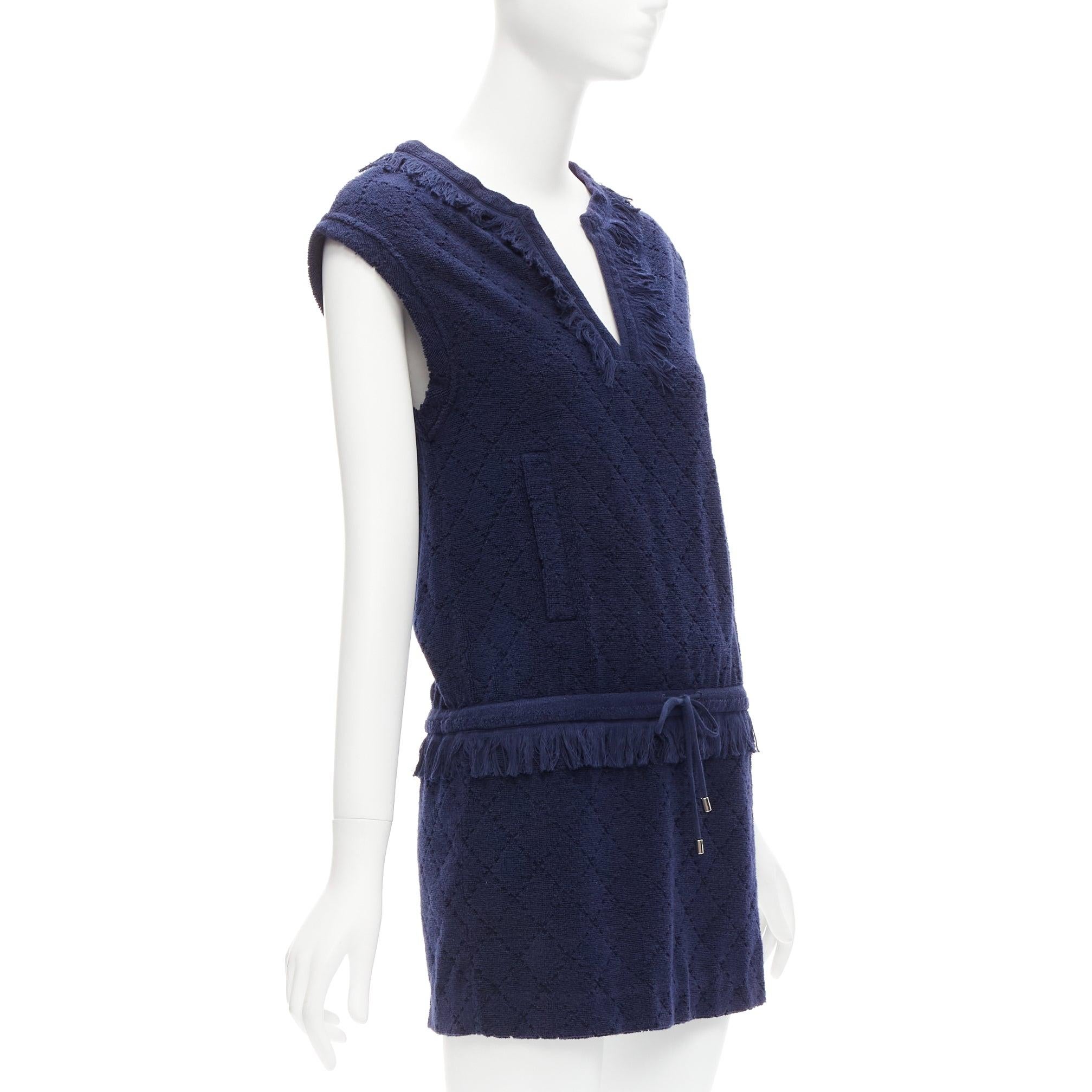 CHANEL navy CC logo diamond quilted terry cotton fringe trim mini dress FR34 XS
Reference: TGAS/D00886
Brand: Chanel
Designer: Karl Lagerfeld
Material: Cotton
Color: Navy
Pattern: Solid
Closure: Drawstring
Extra Details: Drawstring waist. CC logo at